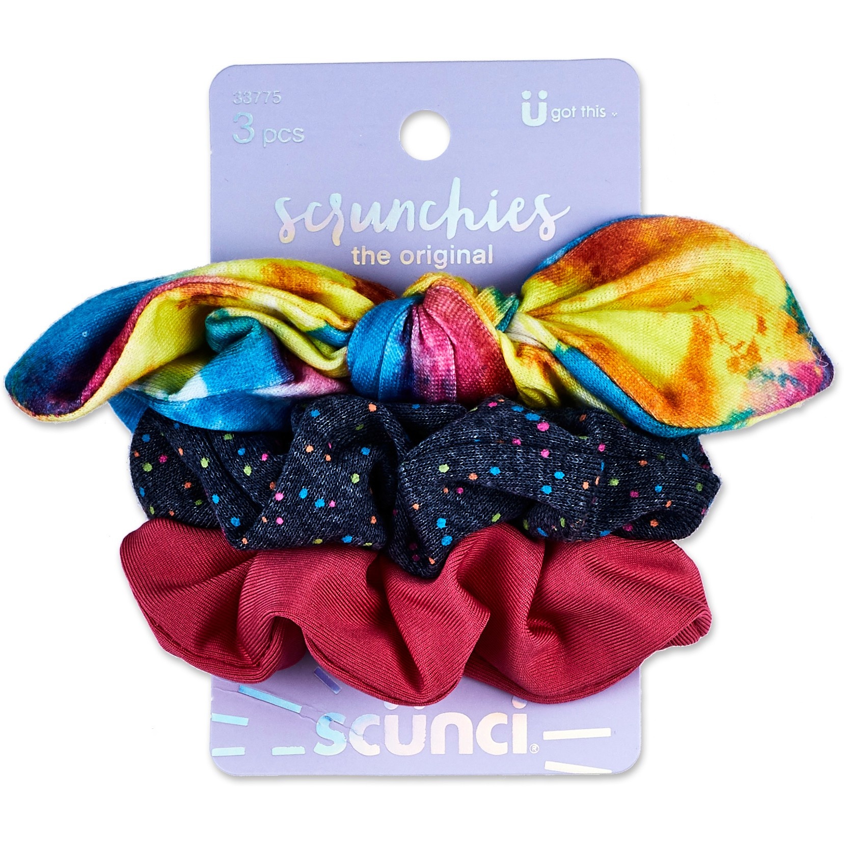 slide 1 of 2, scünci Rainbow Bow And Solid Scrunchies, 3 ct