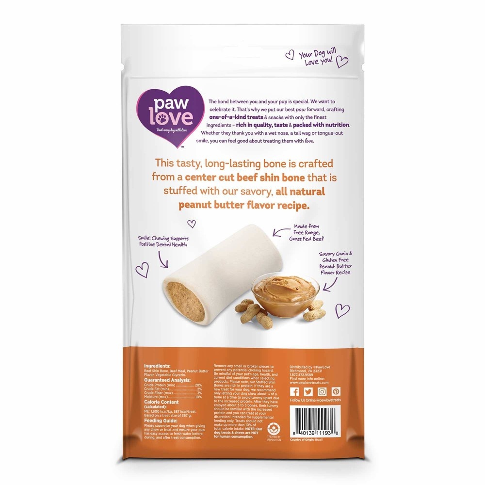 slide 3 of 3, Paw Love Peanut Butter & Beef Flavor Stuffed Shin Bone, 1 ct