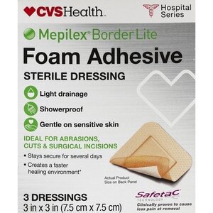 slide 1 of 1, CVS Health Mepilex Border Lite Foam Adhesive Sterile Dressings, 3 In X 3 In, 3 Ct, 1 ct