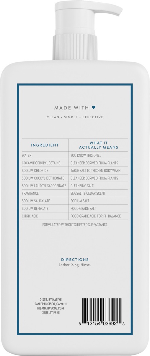 slide 9 of 10, Native Body Wash, Sea Salt & Cedar, Sulfate Free, for Women and Men, 36 oz, 36 fl oz
