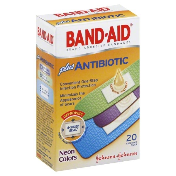 slide 1 of 1, BAND-AID Adhesive Bandages, Plus Antibiotic, Neon Colors, Assorted Sizes, 20 ct
