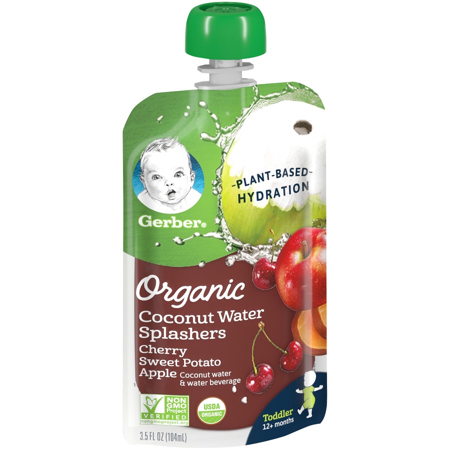 slide 7 of 8, Gerber Organic Coconut Water Splashers, Cherry Sweet Potato Apple, 3.5 fl oz