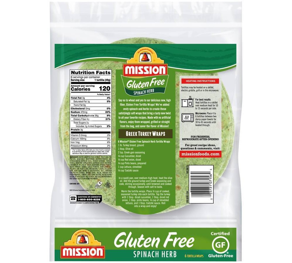 slide 2 of 2, Mission Gluten Free Spinach Herb Tortilla Wraps 6.0 ea, 6 ct