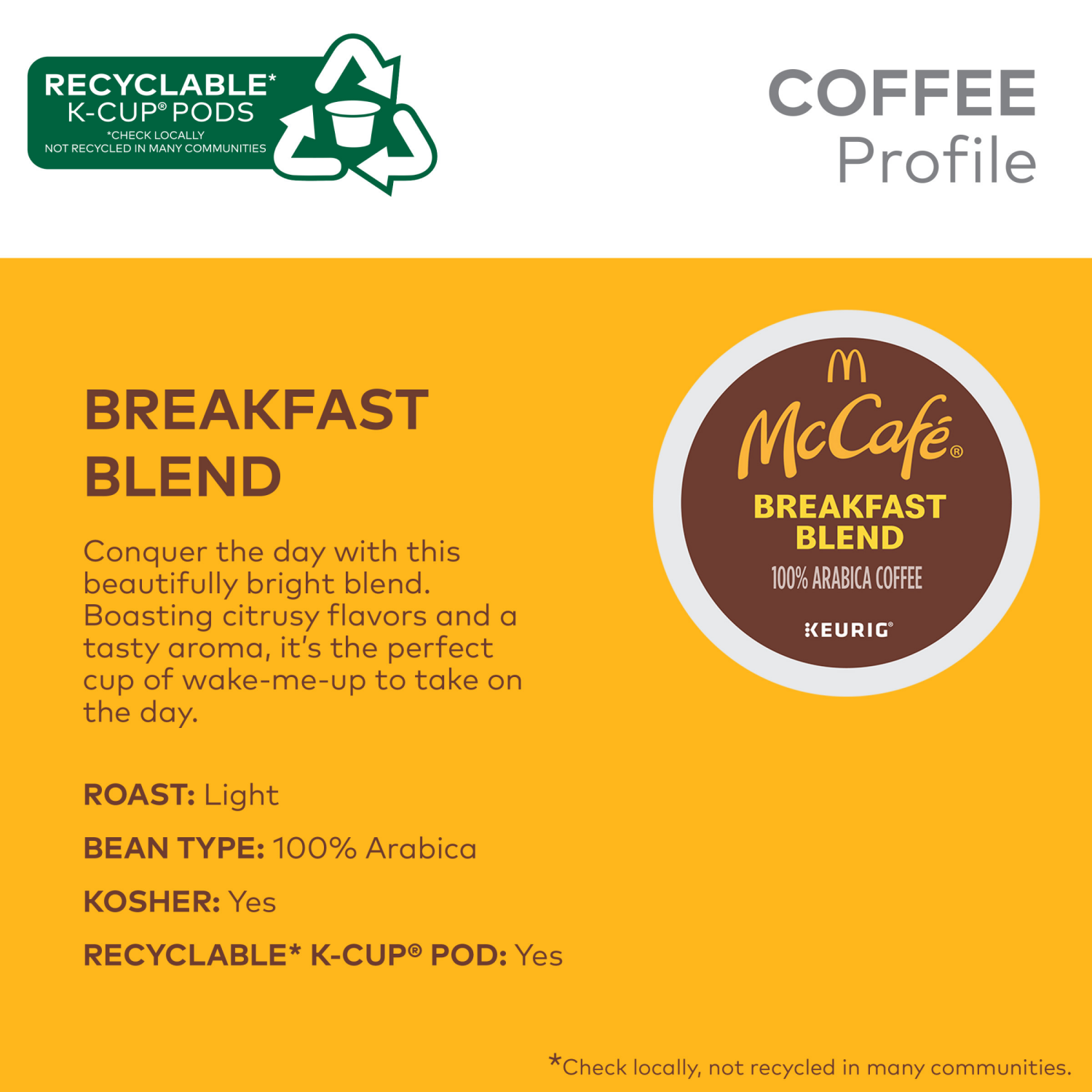 slide 7 of 8, McCafé Breakfast Blend, Single Serve Coffee Keurig K-Cup Pods, Light Roast- 10 ct, 10 ct