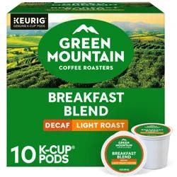 Green Mountain Coffee Roasters Breakfast Blend Decaf Keurig Single-Serve K-Cup pods, Light Roast Coffee, 10 Count