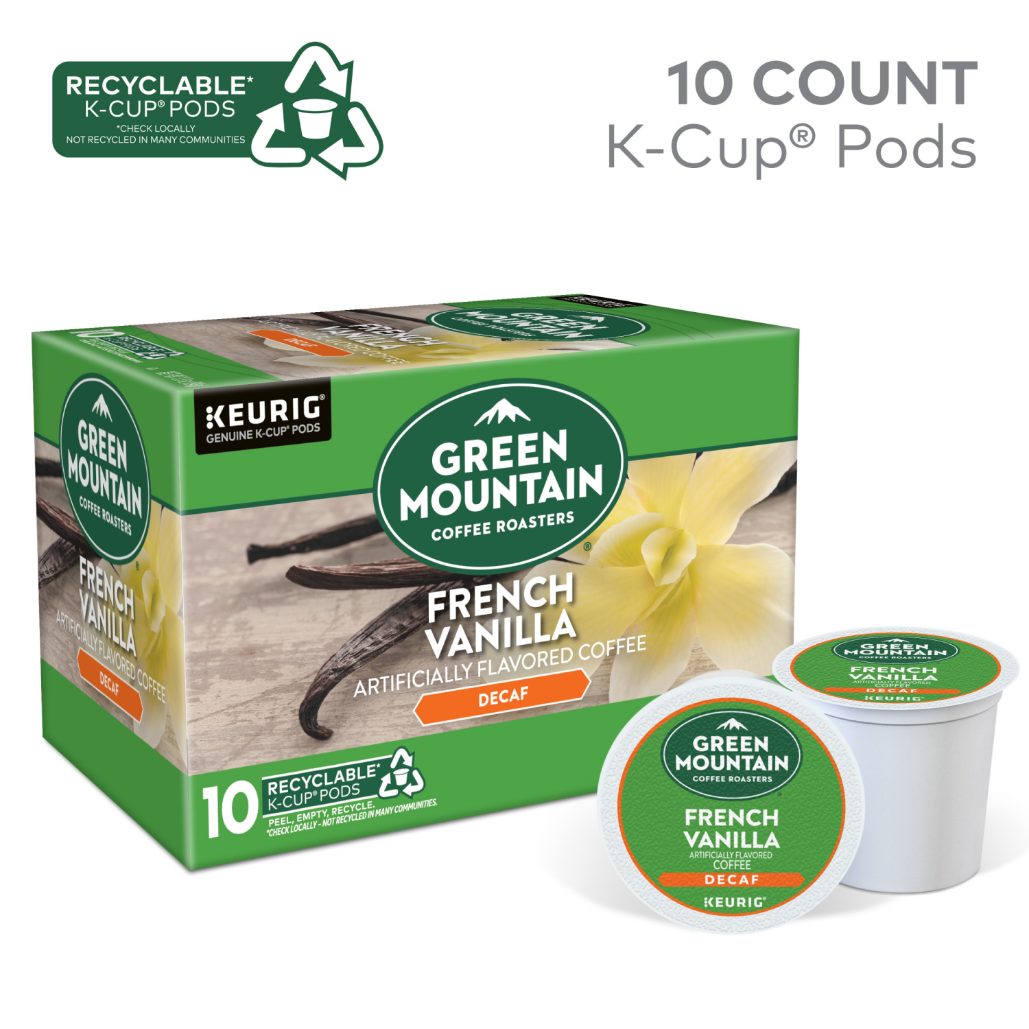 slide 3 of 4, Green Mountain Coffee Roasters French Vanilla Decaf Keurig Single-Serve K-Cup pods, Light Roast Coffee, 10 Count, 10 ct