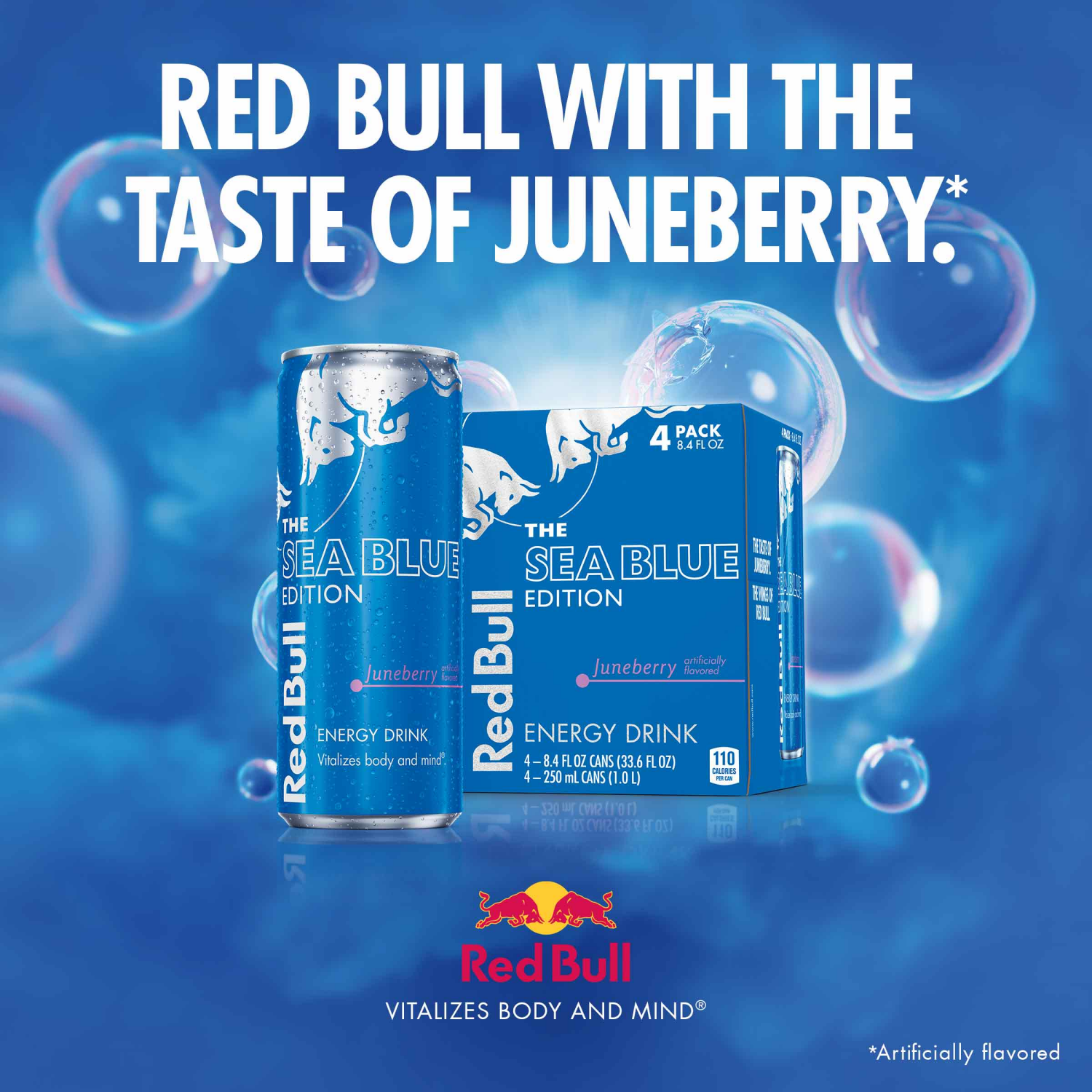 slide 3 of 5, Red Bull Sea Blue Edition Energy Drink, Juneberry, 114mg Caffeine, 12 fl oz, Pack of 4 Cans, 4 ct; 12 oz