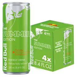Red Bull Green Edition Energy Drink, Curuba Elderflower, 8.4 fl. oz., Pack of 4 cans, with 80mg Caffeine, Taurine & B Vitamins