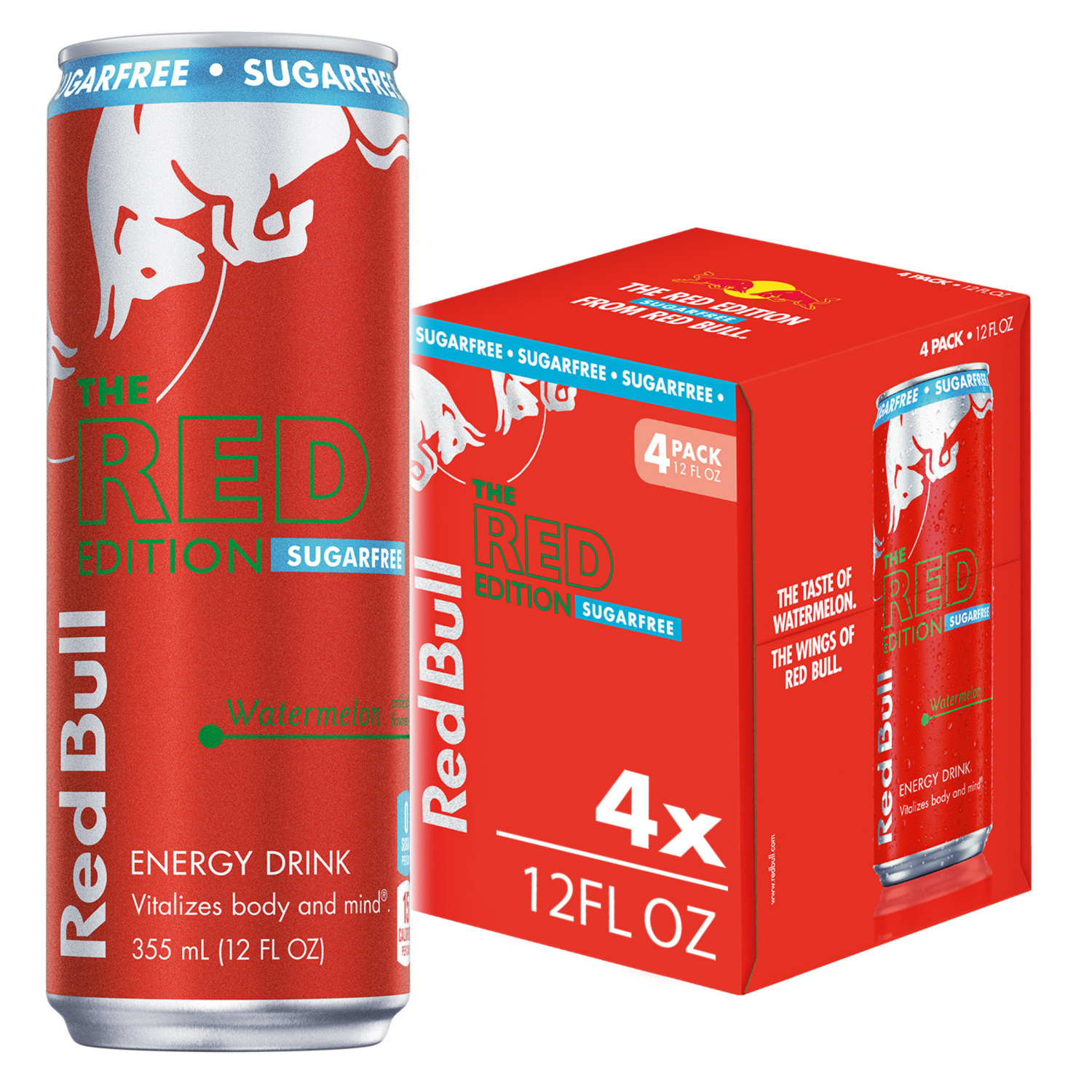 slide 2 of 5, Red Bull Sugar Free Energy Drink, Watermelon, 114mg Caffeine, 12 fl oz, Pack of 4 Cans, 4 ct; 12 oz