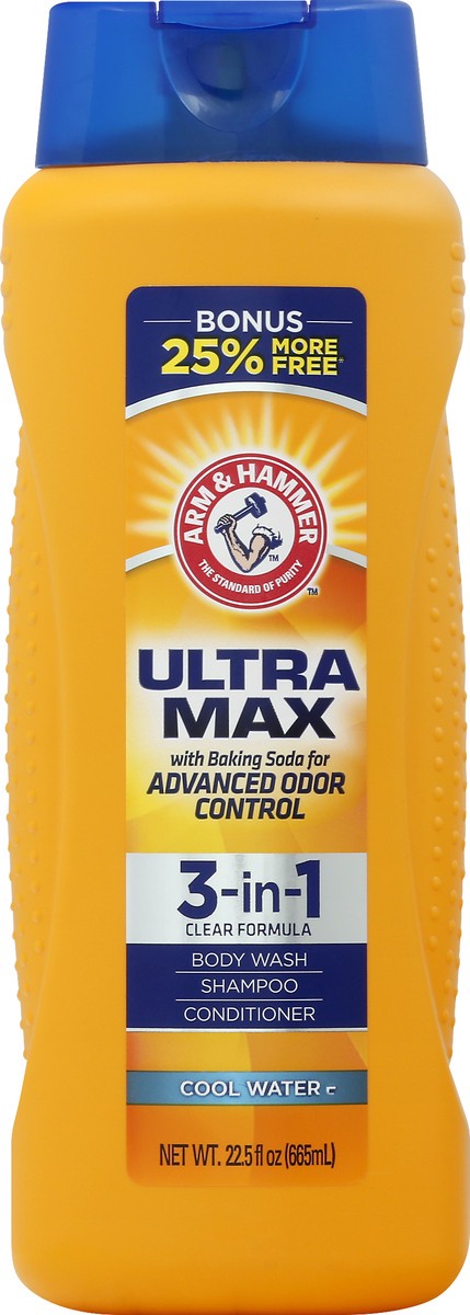 slide 1 of 9, ARM & HAMMER Body Wash/Shampoo/Conditioner, 3-In-1 Clear Formula, Ultra Max, Cool Water, 22.5 oz