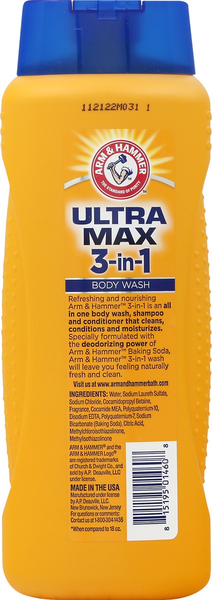 slide 9 of 9, ARM & HAMMER Body Wash/Shampoo/Conditioner, 3-In-1 Clear Formula, Ultra Max, Cool Water, 22.5 oz