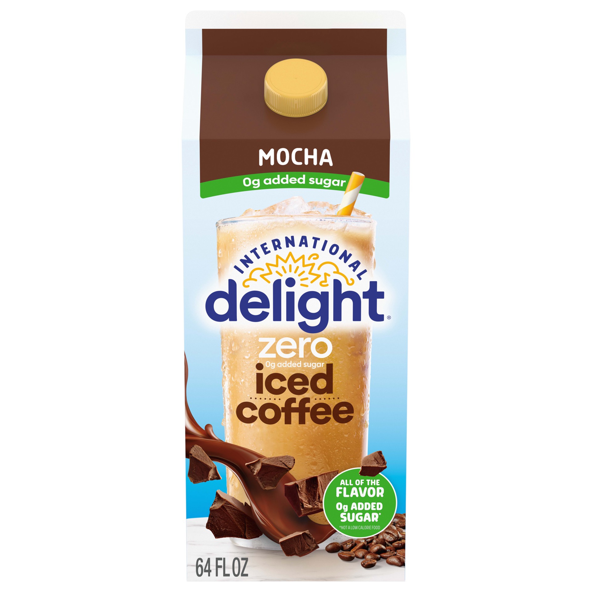 slide 1 of 9, International Delight Zero Iced Coffee, 0g Added Sugar, Mocha, Ready to Pour Coffee Drinks Made with Real Milk and Cream, 64 FL OZ Carton, 64 fl oz