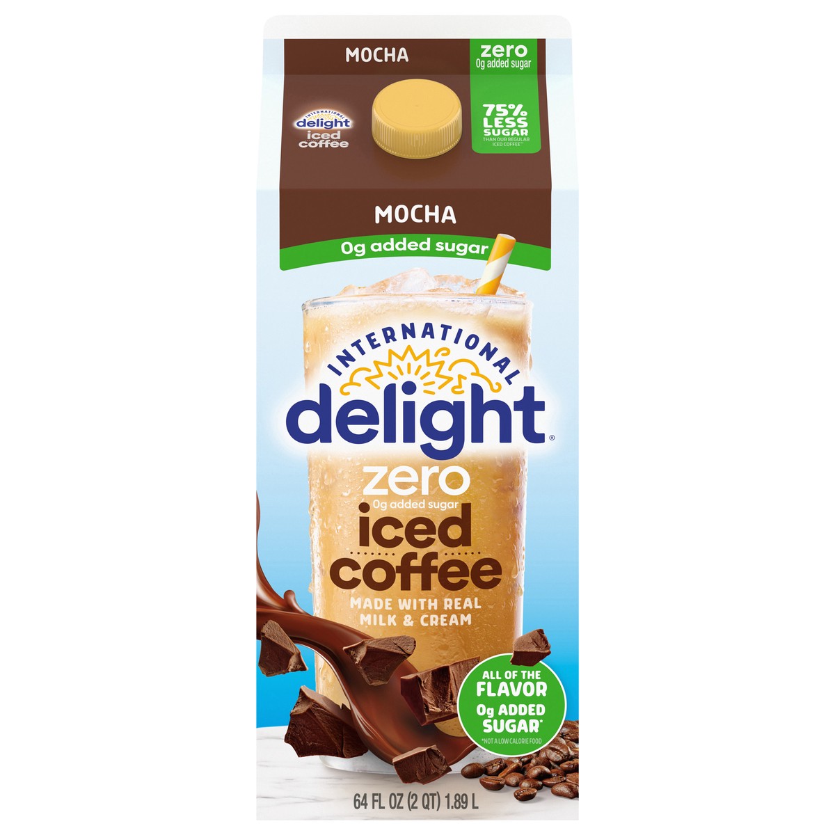 slide 1 of 9, International Delight Zero Iced Coffee, 0g Added Sugar, Mocha, 64 FL OZ Carton, 64 fl oz