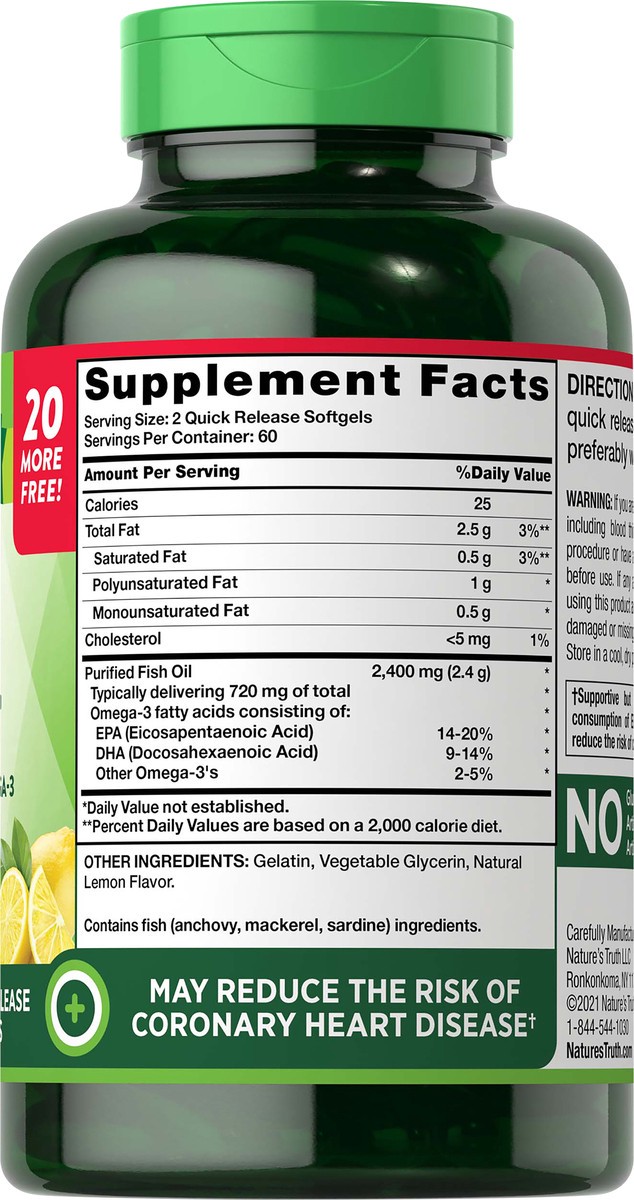 slide 5 of 5, Nature's Truth Fish Oil 2,400mg (per 2) Lemon Flavor 100+20 SG, 120 ct