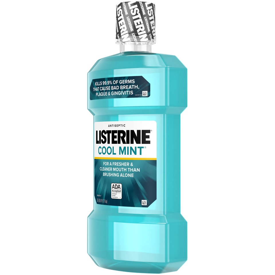 slide 3 of 6, Listerine Cool Mint Antiseptic Mouthwash, Daily Oral Rinse Kills 99% of Germs that Cause Bad Breath, Plaque and Gingivitis for a Fresher, Cleaner Mouth, Cool Mint Flavor, 1.5 L, 1.5 liter