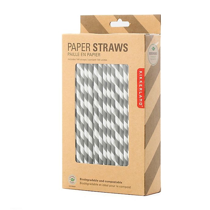 slide 2 of 2, Kikkerland Design Paper Straws - Grey Stripe, 144 ct