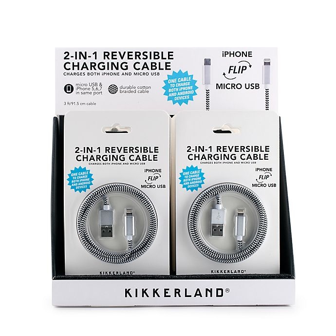 slide 3 of 3, Kikkerland 2-in-1 Reversible Charging Cable - Black/White, 1 ct