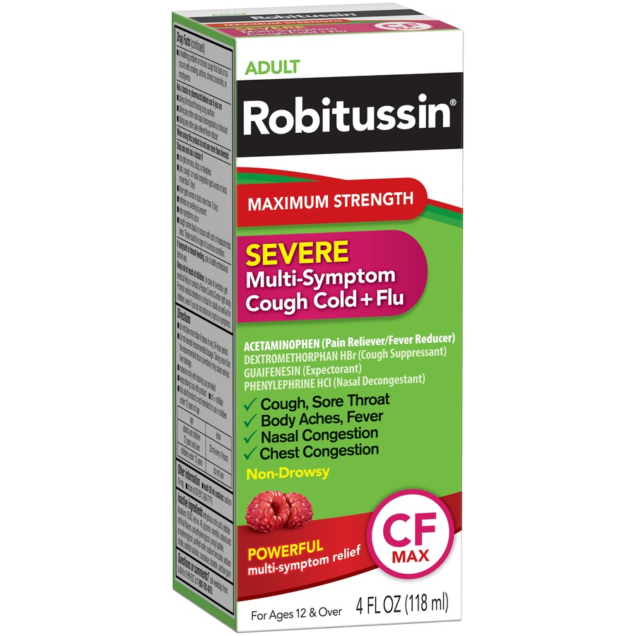 slide 2 of 6, Robitussin Adult Maximum Strength Severe Multi-Symptom Cough (4 fl. oz. Bottle), Cold + Flu CF Max, Non-Drowsy, Raspberry Mint Flavor, 4 fl oz