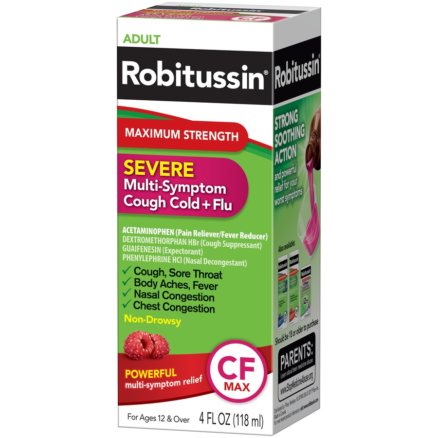 slide 3 of 6, Robitussin Adult Maximum Strength Severe Multi-Symptom Cough (4 fl. oz. Bottle), Cold + Flu CF Max, Non-Drowsy, Raspberry Mint Flavor, 4 fl oz