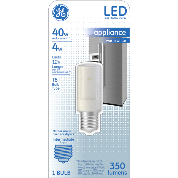 slide 1 of 1, GE 40 W Equivalent Warm White T8 LED Appliance Light Bulb, 1 ct