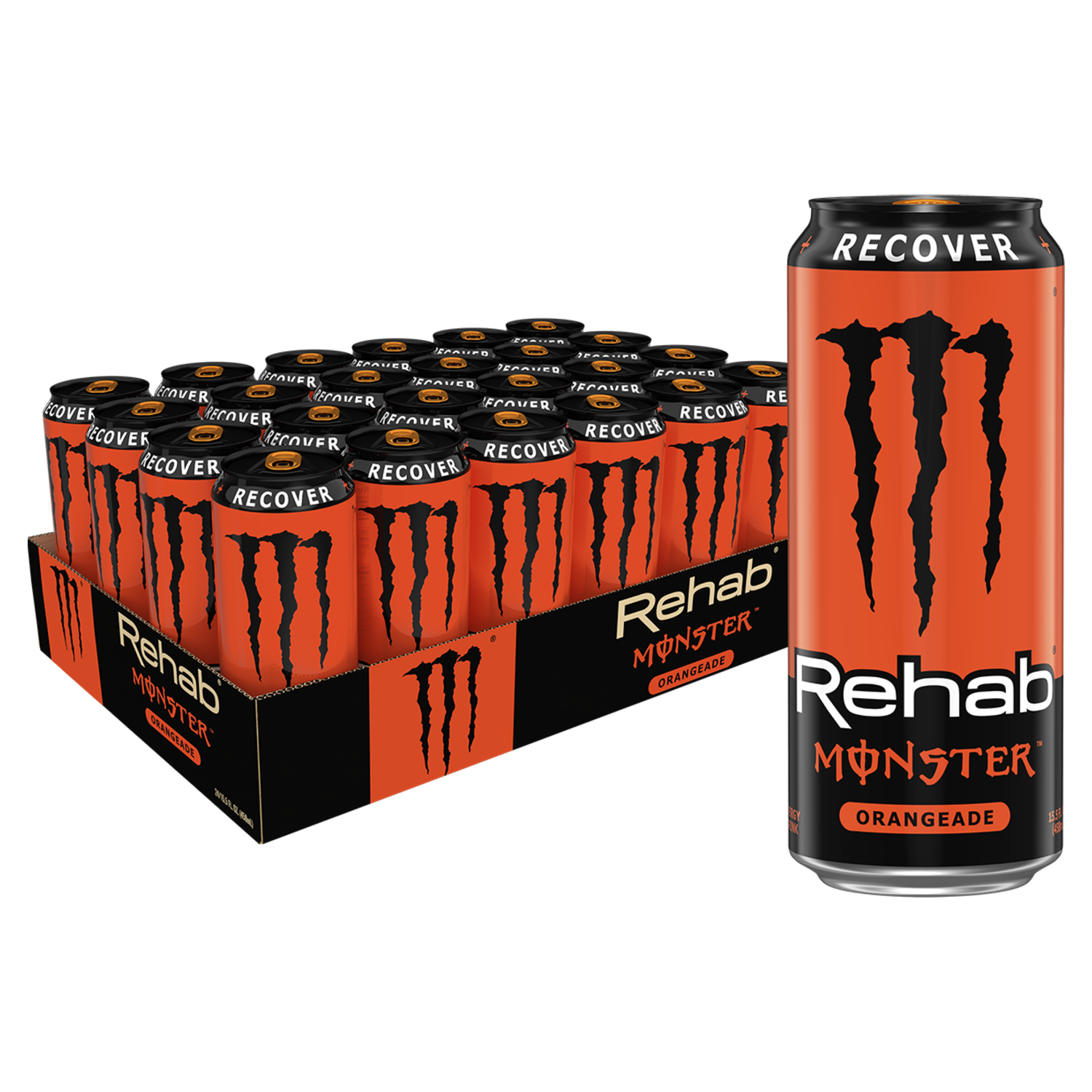 slide 1 of 5, Monster Energy It's 2 P.M. Still sleeping, but who's banging on the door? “Housekeeping!” Your eyes open to see a mermaid scooting across the floor. The housekeeper screams and mutters a prayer. This can't be right. Your eyes close. It's after 4 now. Your head's pounding. So many questions. You've got to meet everyone downstairs in an hour to do it all again. Not a problem. You're a professional. You crack open a Rehab Monster Orangeade and let the orange-infused electrolytes, vitamins, and botanicals work their life-giving, hydration magic. Congrats, You're back from the dead., 15.5 oz