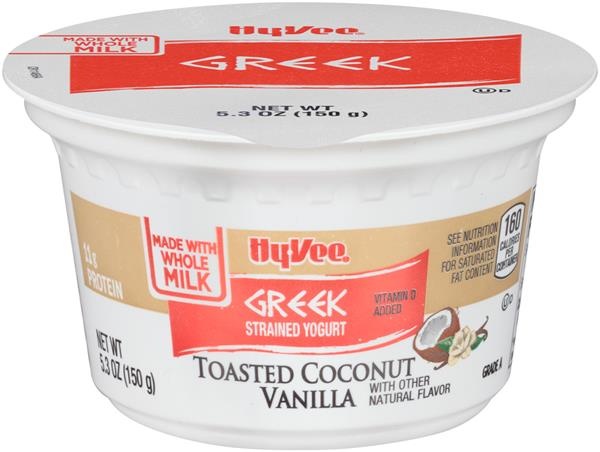 slide 1 of 1, Hy-vee Toasted Coconut Vanilla Greek Strained Yogurt, 5.3 oz