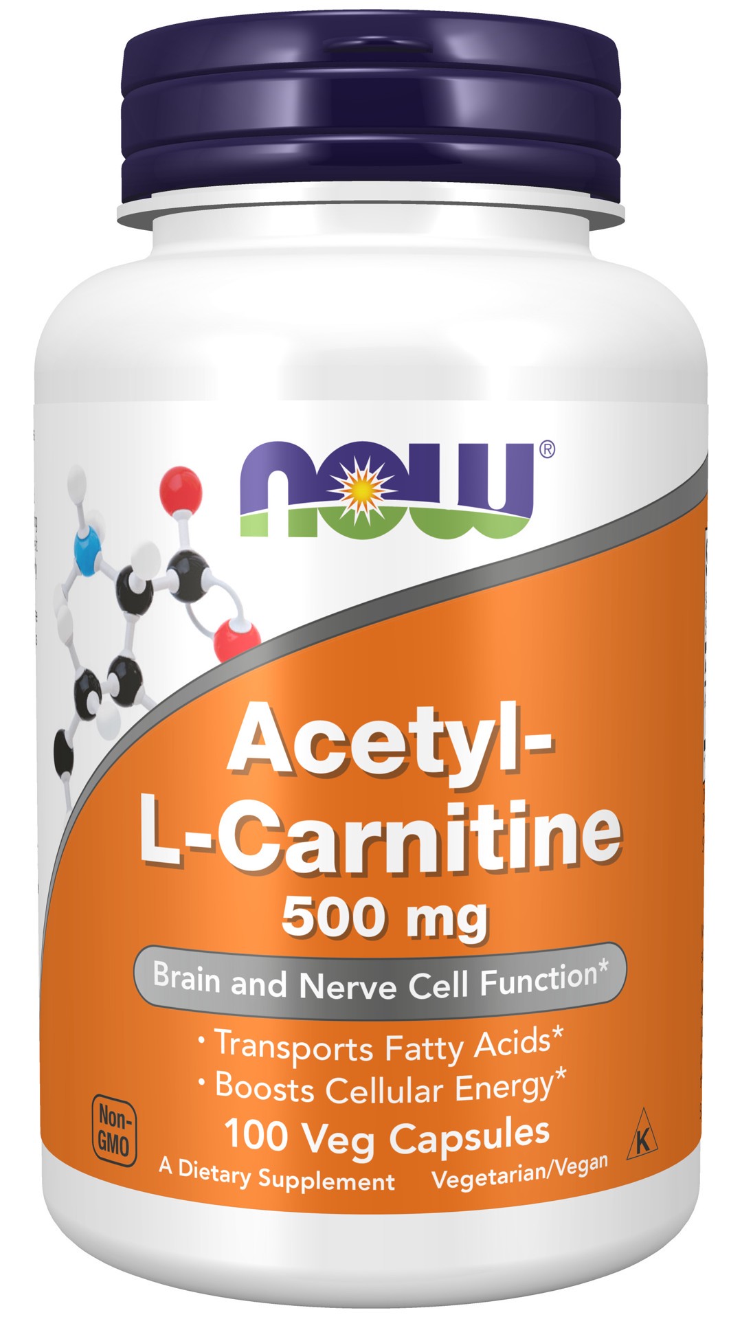 slide 1 of 4, NOW Acetyl-L-Carnitine 500 mg - 100 Veg Capsules, 100 ct