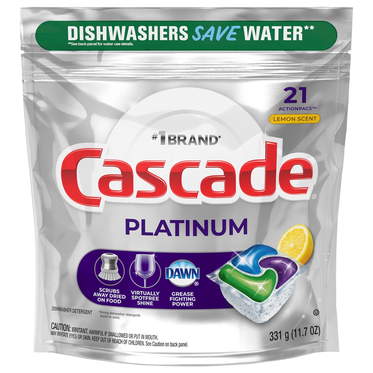 slide 4 of 7, Cascade Platinum ActionPacs Dishwasher Detergent Pods, Lemon, 21 Count, 21 ct