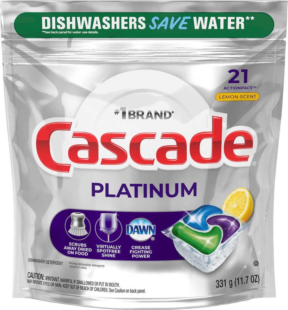 slide 3 of 7, Cascade Platinum ActionPacs Dishwasher Detergent Pods, Lemon, 21 Count, 21 ct