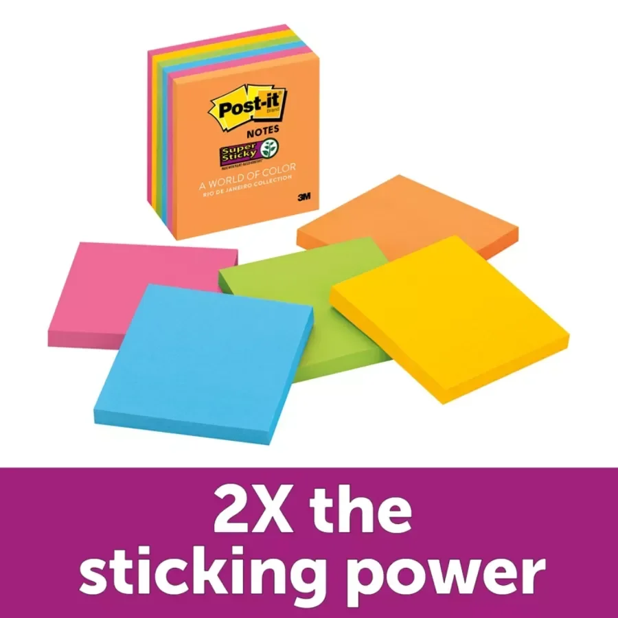 slide 6 of 10, 3M Post-it Super Sticky Notes, 3" x 3", Rio de Janeiro Collection, 6 Pads, 3 in