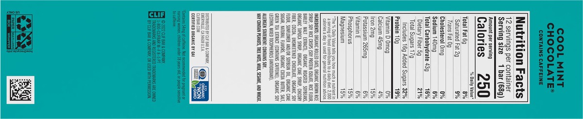 slide 8 of 9, CLIF BAR - Cool Mint Chocolate with Caffeine - Made with Organic Oats - 10g Protein - Non-GMO - Plant Based - Energy Bars - 2.4 oz. (12 Count), 12 ct; 2.4 oz