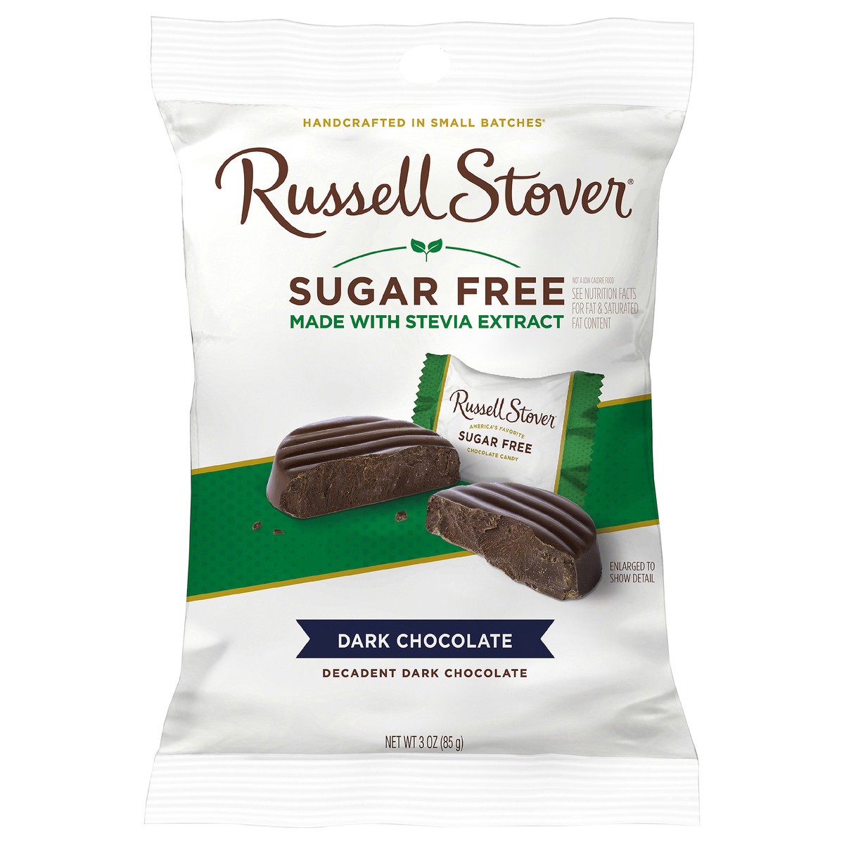 slide 1 of 3, RUSSELL STOVER Sugar Free Dark Chocolate Candy, 3 oz. bag (˜ 6 pieces), 3 oz