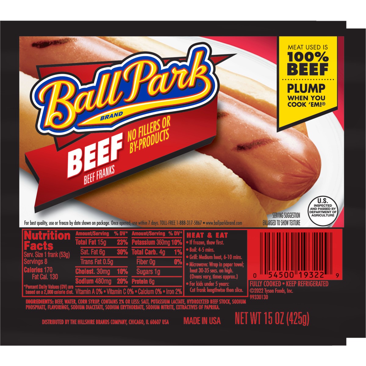 slide 6 of 8, Ball Park Beef Hot Dogs, 8 Count, 425.24 g