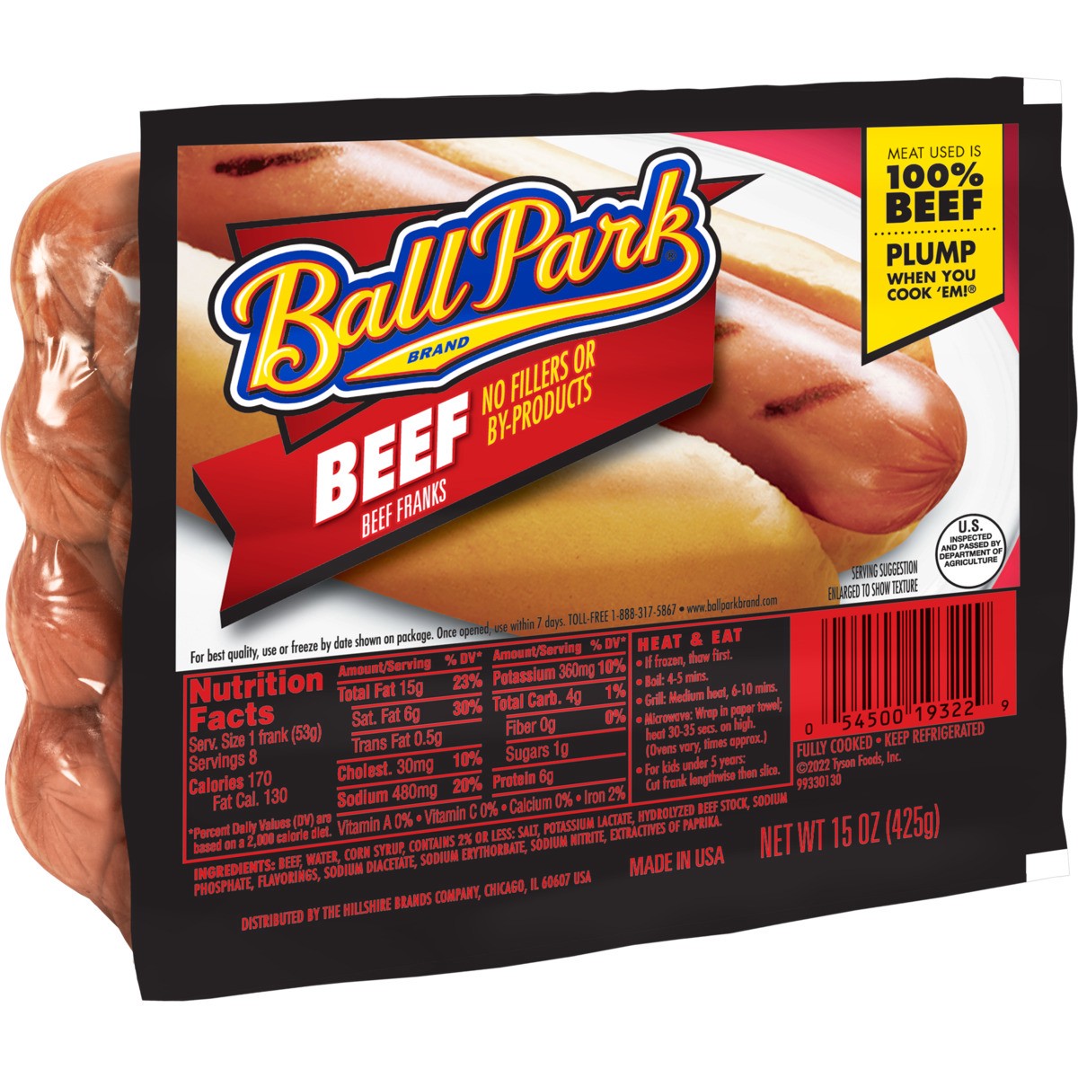 slide 7 of 8, Ball Park Beef Hot Dogs, 8 Count, 425.24 g