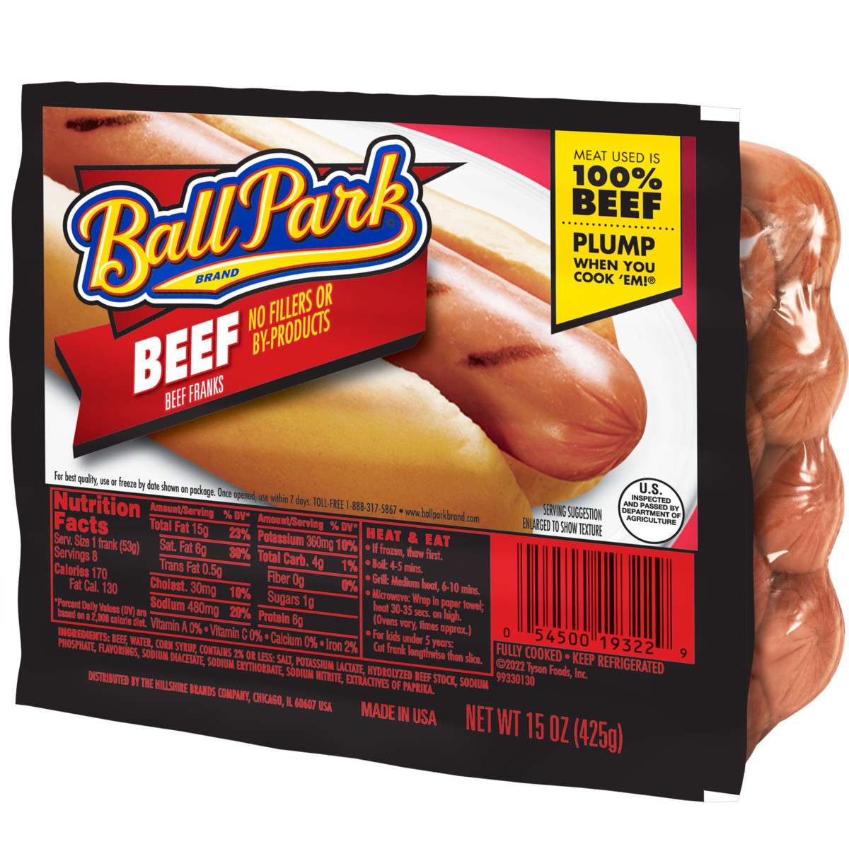 slide 1 of 8, Ball Park Beef Hot Dogs, 8 Count, 425.24 g