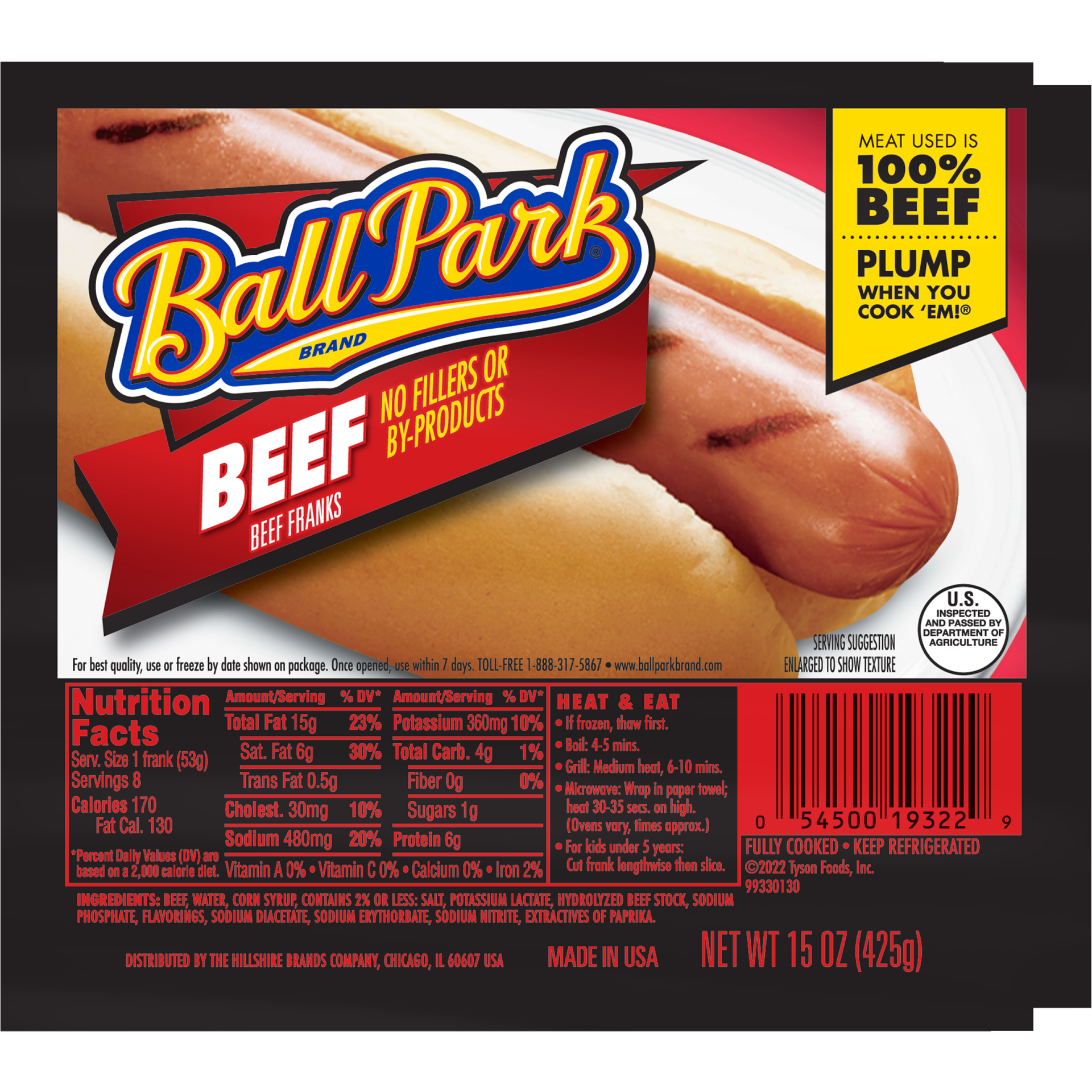 slide 1 of 8, Ball Park Beef Hot Dogs, 8 Count, 425.24 g