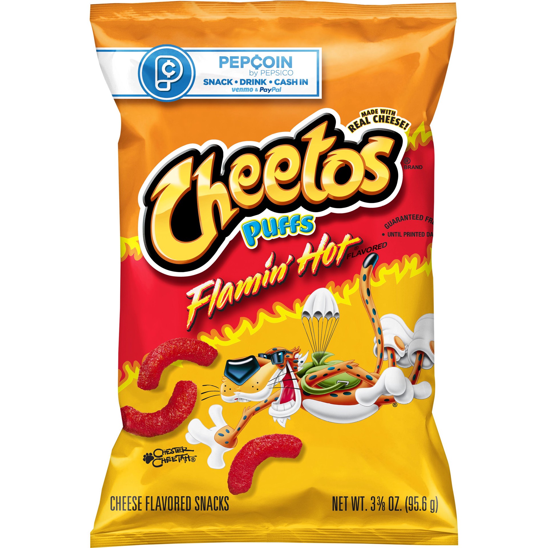 slide 1 of 1, Cheetos Puffs Cheese Flavored Snacks Flamin' Hot 3 3/8 Oz, 3.38 oz