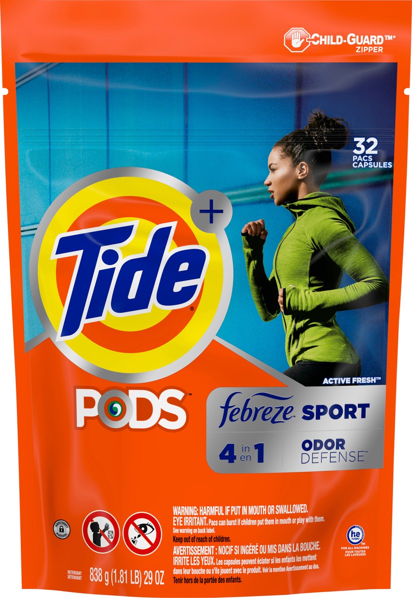 slide 1 of 3, Tide PODS Liquid Laundry Detergent Soap Pacs, 4-n-1 with Febreze, HE Compatible, 32 Count, Fights even week old Odors, Sport Odor Defense, 32 ct