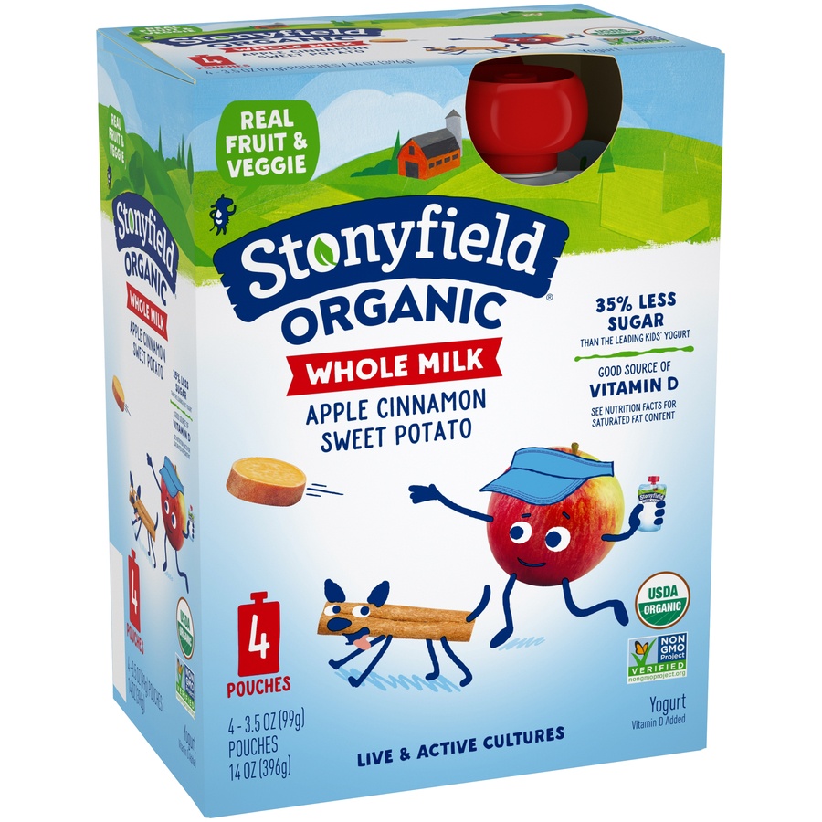 slide 2 of 8, Stonyfield Organic Apple Cinnamon Sweet Potato Whole Milk Yogurt 4-3.5 Oz. Pouches, 14 oz