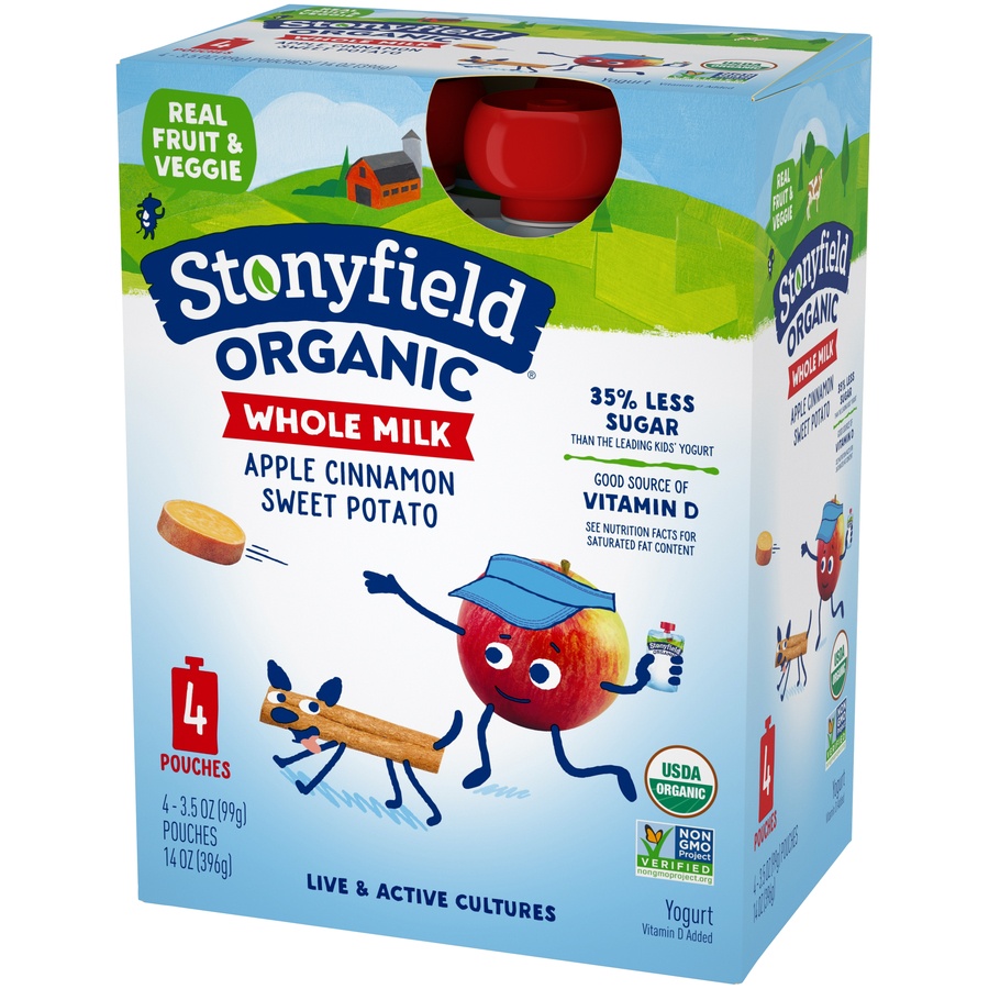 slide 3 of 8, Stonyfield Organic Apple Cinnamon Sweet Potato Whole Milk Yogurt 4-3.5 Oz. Pouches, 14 oz