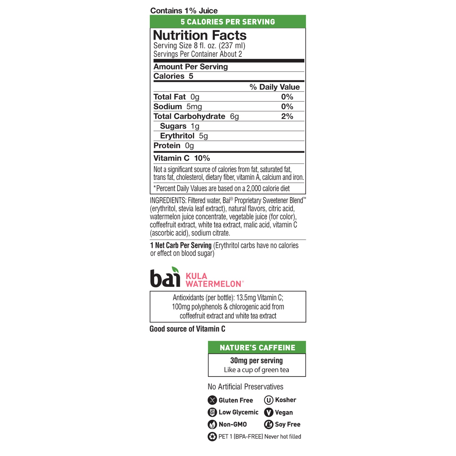 slide 2 of 2, Bai Antioxidant Infusion Kula Watermelon Antioxidant Beverage 18 oz, 