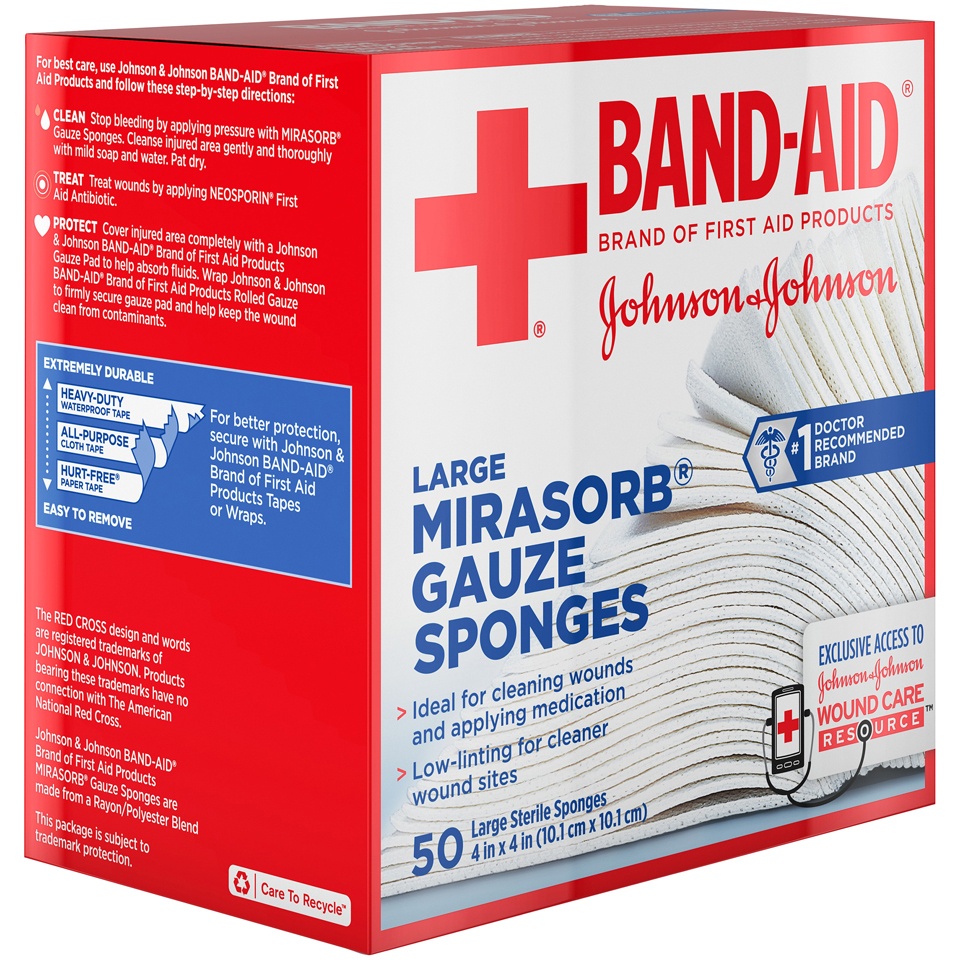 slide 5 of 6, BAND-AID First Aid Products Tru-Absorb Sterile Gauze Sponges for Cleaning and Cushioning Minor Wounds, Cuts & Burns, Low-Lint Design, Individually Wrapped 4 in by 4 in Pads, 50 ct