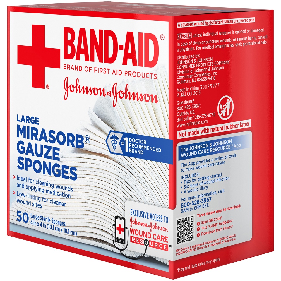 slide 2 of 6, BAND-AID First Aid Products Tru-Absorb Sterile Gauze Sponges for Cleaning and Cushioning Minor Wounds, Cuts & Burns, Low-Lint Design, Individually Wrapped 4 in by 4 in Pads, 50 ct