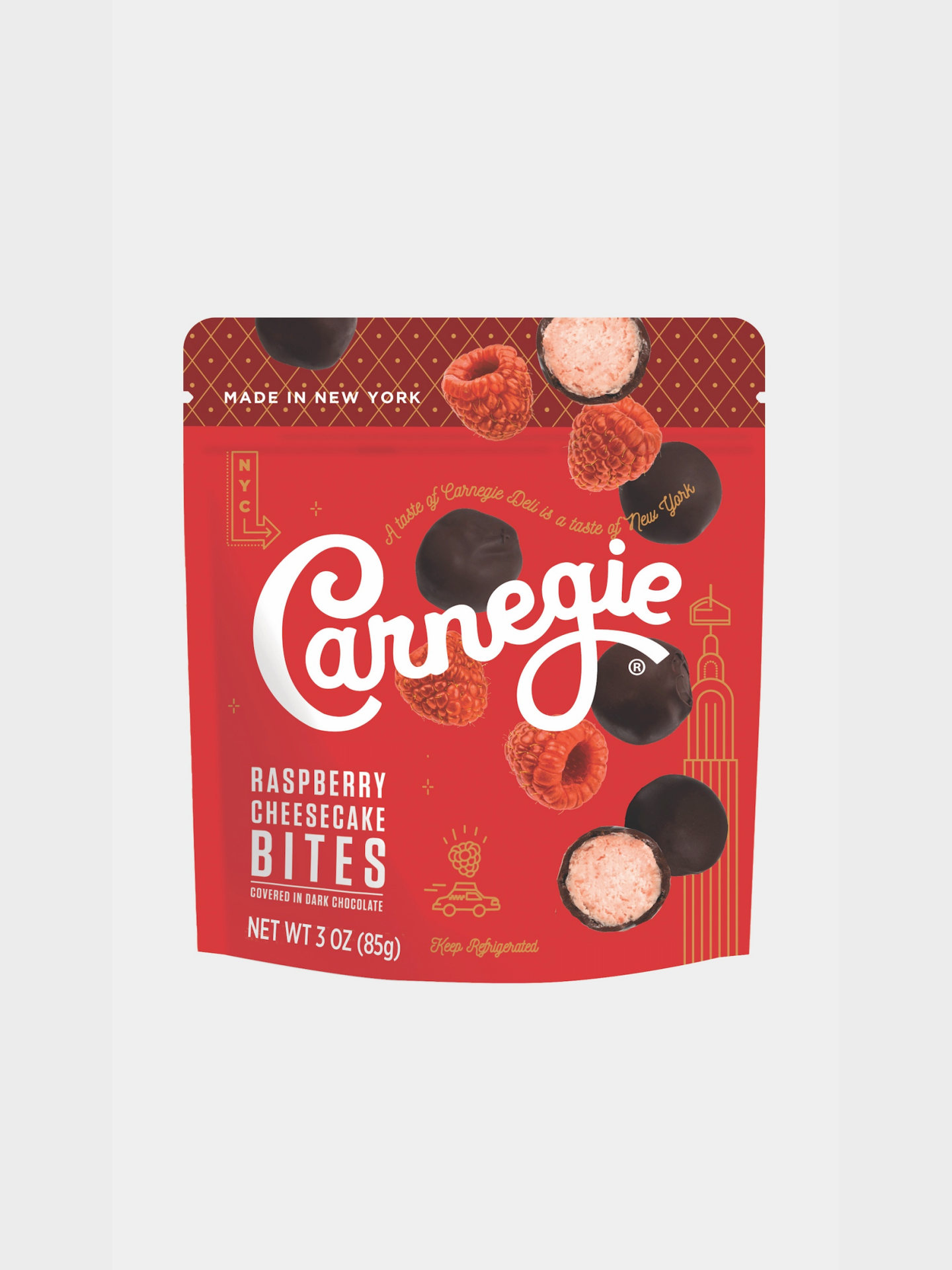 slide 1 of 2, Carenegie Deli Cheesecake Bites Resperry, 3 oz