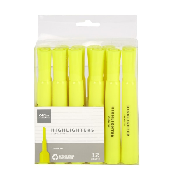 slide 1 of 2, Office Depot Brand Chisel-Tip Highlighter, Fluorescent Yellow, Pack Of 12, 12 ct