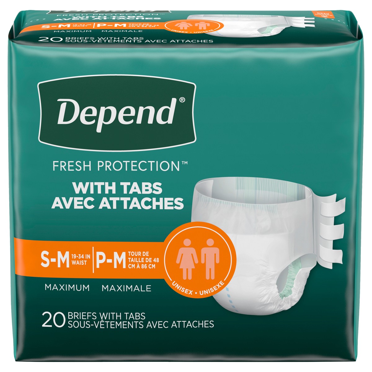 slide 1 of 5, Depend Incontinence Protection with Tabs/Disposable Underwear for Adults, Unisex, Small/Medium (19–34" Waist, Up To 170 lbs), Maximum Absorbency, 20 Count, 20 ct