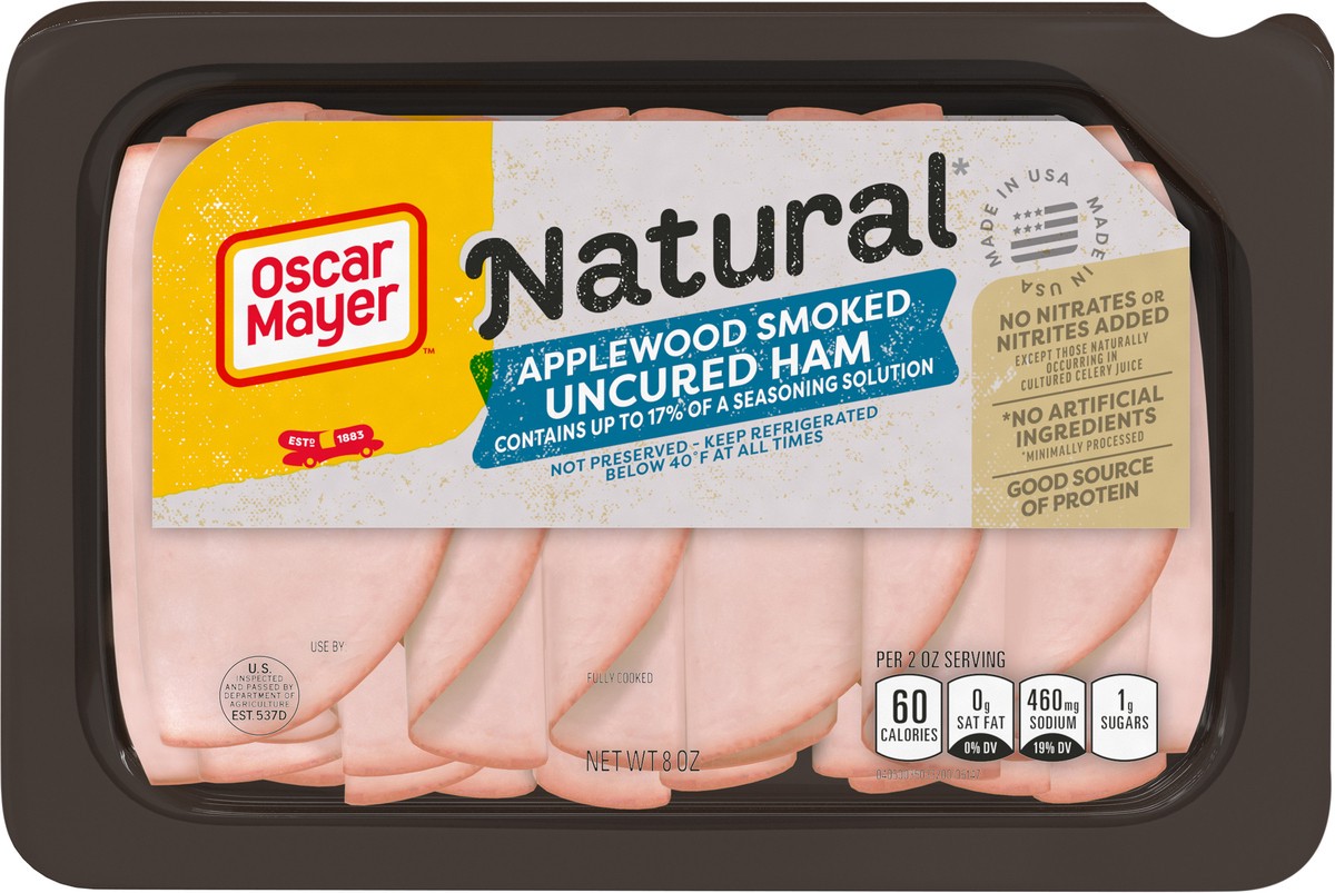slide 6 of 13, Oscar Mayer Natural Applewood Smoked Uncured Ham Sliced Lunch Meat, 8 oz. Tray, 8 oz