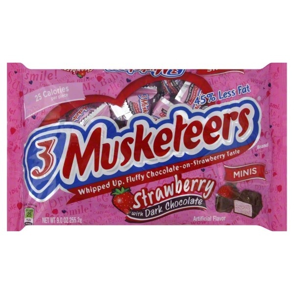 slide 1 of 1, 3 MUSKETEERS Valentine Dark Chocolate Strawberry Minis, 9 oz