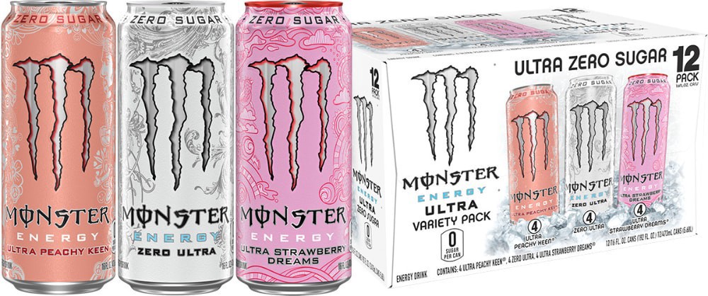 slide 1 of 3, Monster Zero Sugar Ultra Peachy Keen/Zero Ultra/Ultra Strawberry Dreams Energy Drink 12 - 16 fl oz Cans, 12 ct