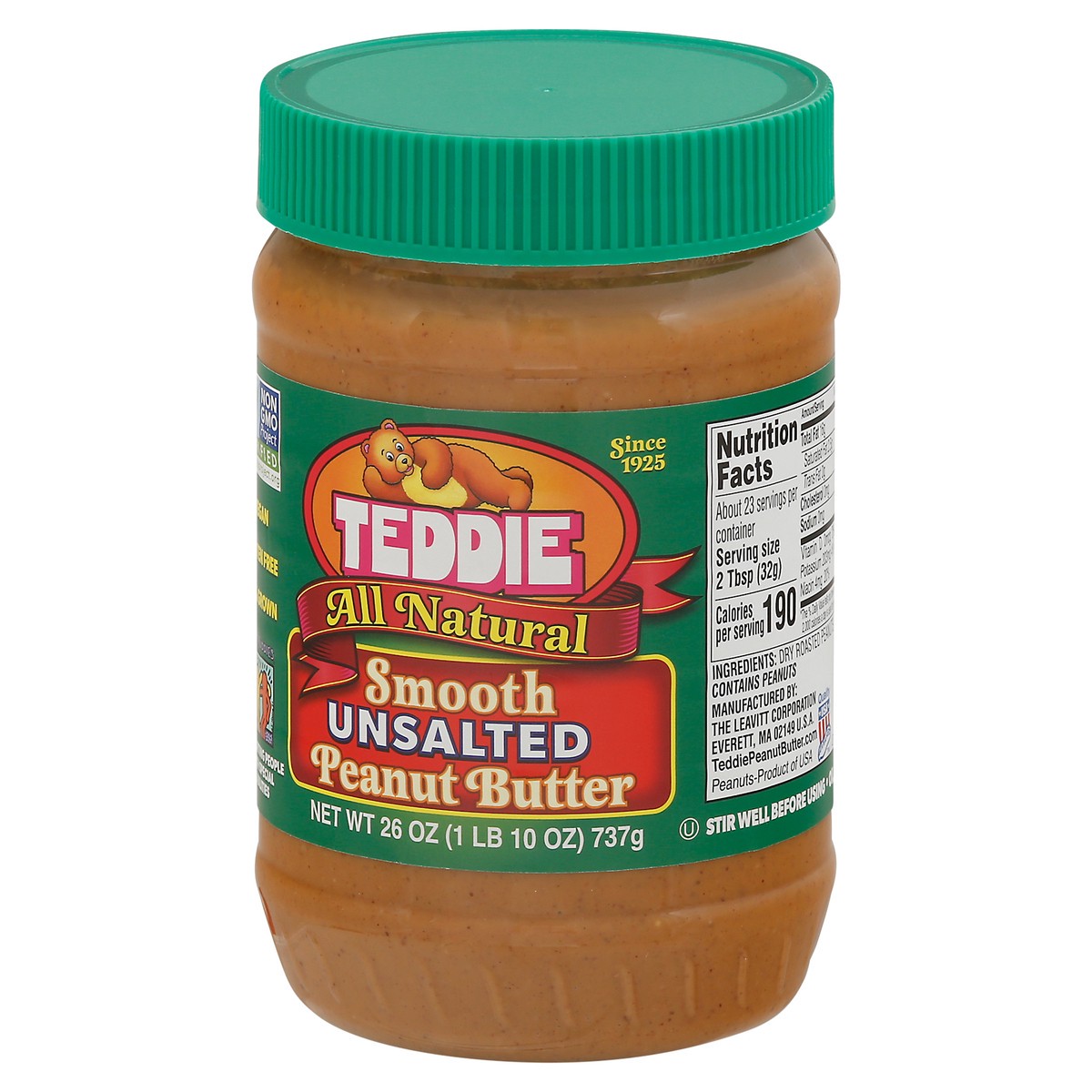 slide 2 of 9, Teddie Natural Smooth Unsalted Peanut Butter, 26 oz